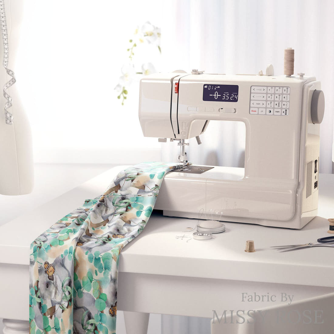 Design 323 Butterfly Koala Fabric on a sewing machine – premium fabric for sewing projects | Fabric by Missy Rose