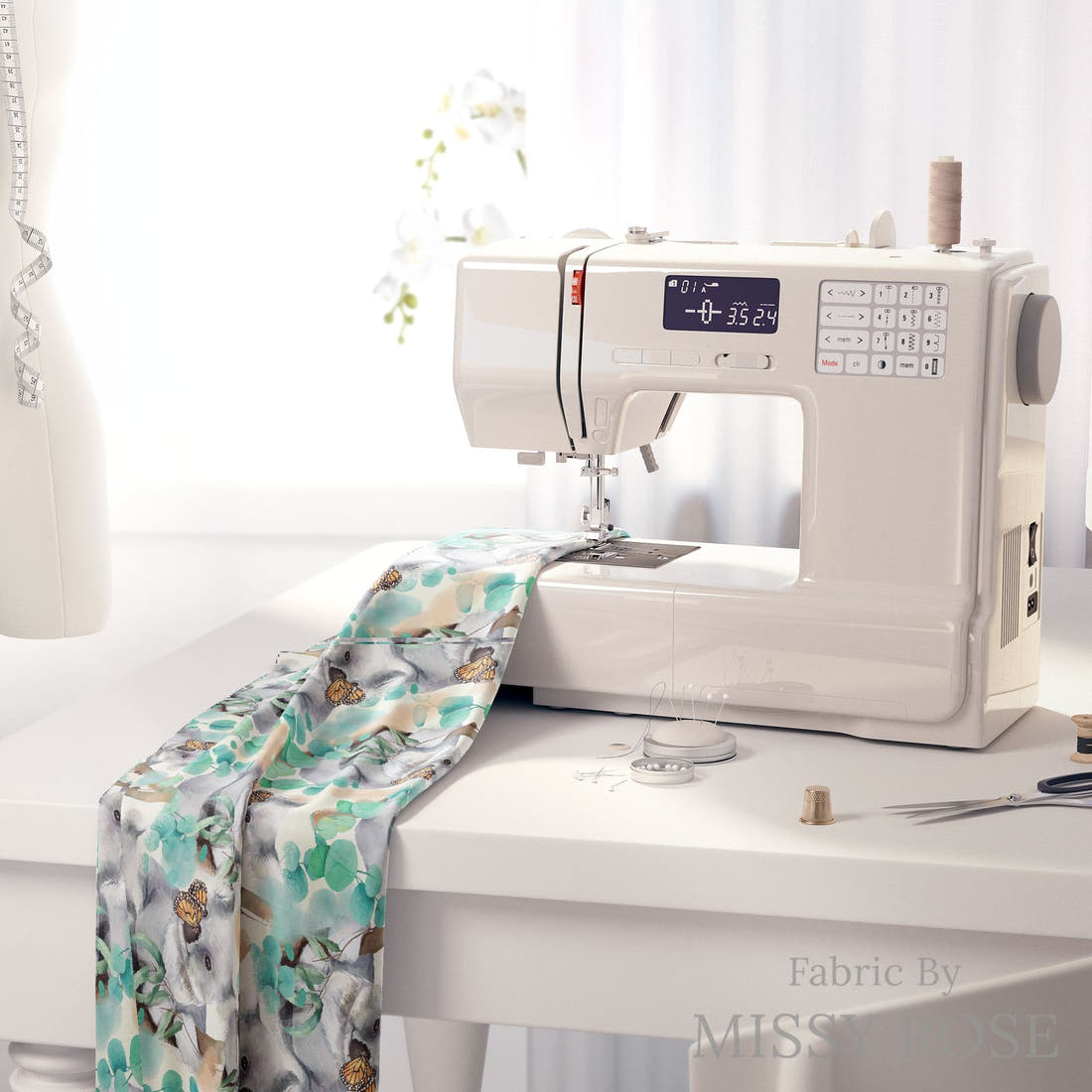 Design 323 Butterfly Koala Fabric on a sewing machine – premium fabric for sewing projects | Fabric by Missy Rose