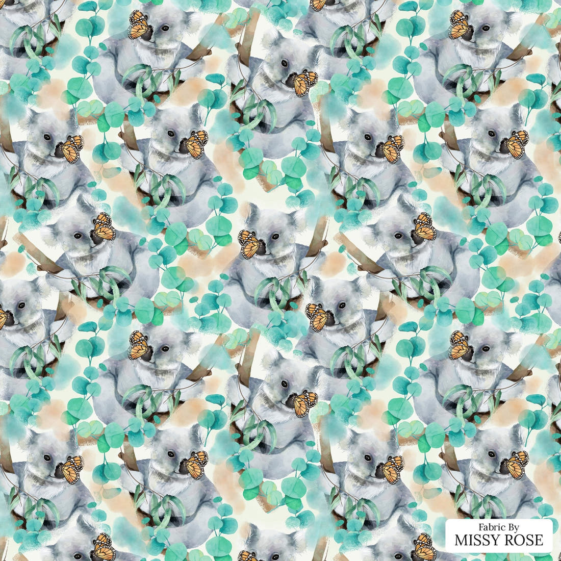 Design 323 Butterfly Koala Fabric - flat view of the print, zoom in for detail | Fabric by Missy Rose