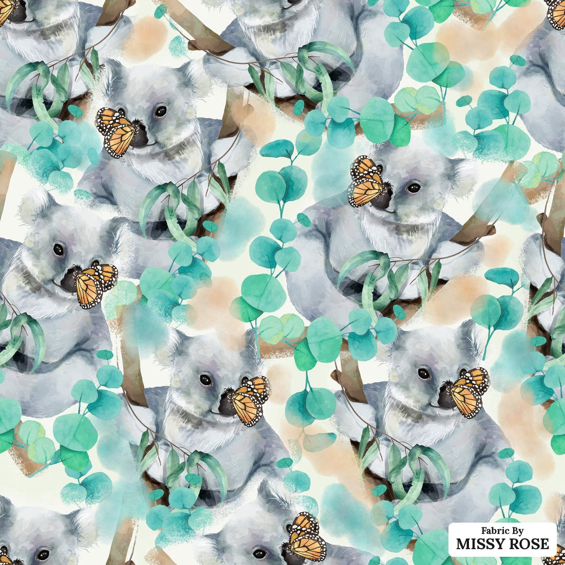 Design 323 Butterfly Koala Fabric - flat view of the print, zoom in for detail | Fabric by Missy Rose
