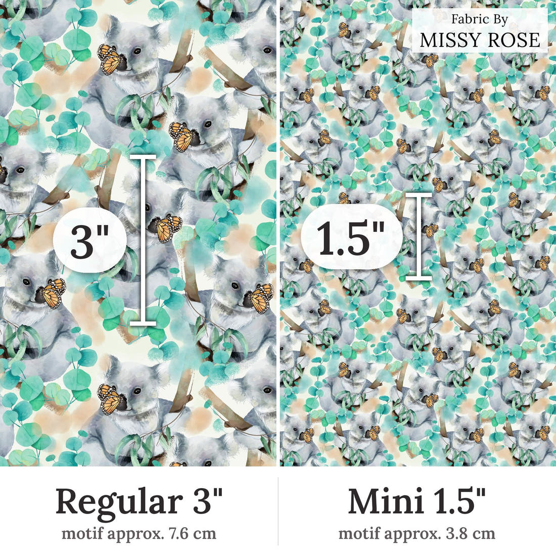 Design 323 Butterfly Koala Fabric Regular 3 inch vs Mini 1.5 inch print scale side by side | Fabric by Missy Rose