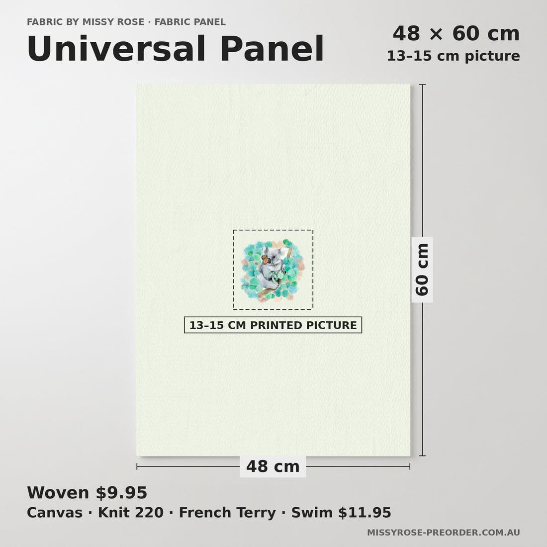 Design 323 Butterfly Koala Panel universal panel sizing – 13–15 cm printed picture on 48 × 60 cm fabric | Fabric by Missy Rose