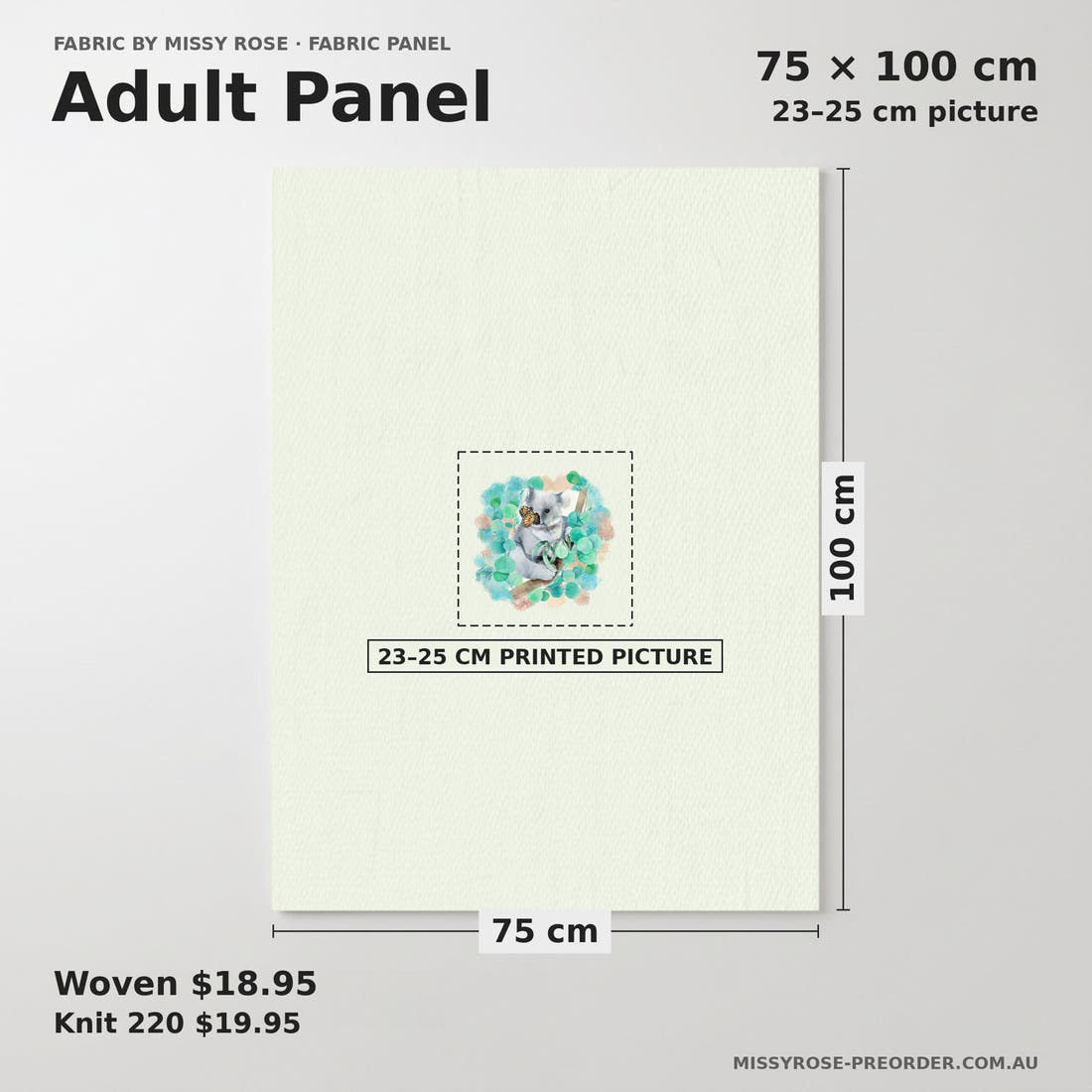Design 323 Butterfly Koala Panel adult panel sizing – 23–25 cm printed picture on 75 × 100 cm fabric | Fabric by Missy Rose