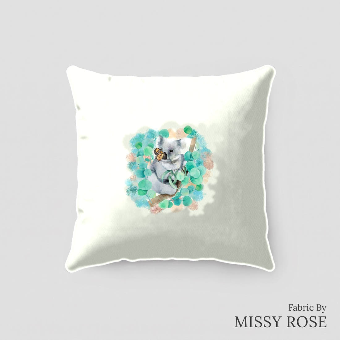 Design 323 Butterfly Koala Panel sewn into a cushion – see how the panel looks made up | Fabric by Missy Rose