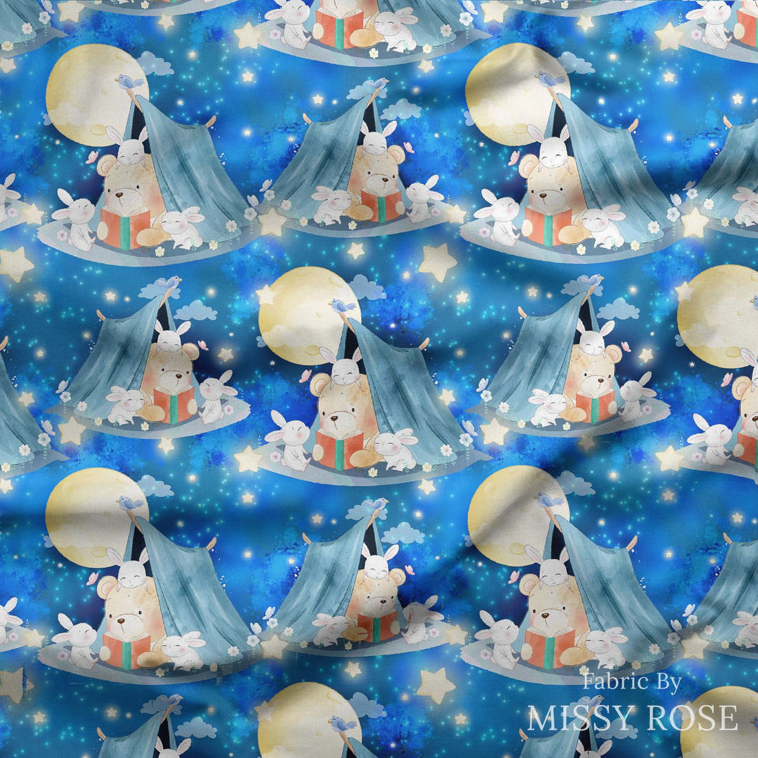 Design 324 Camping Bear Fabric draped fabric mockup – custom printed fabric by the metre | Fabric by Missy Rose