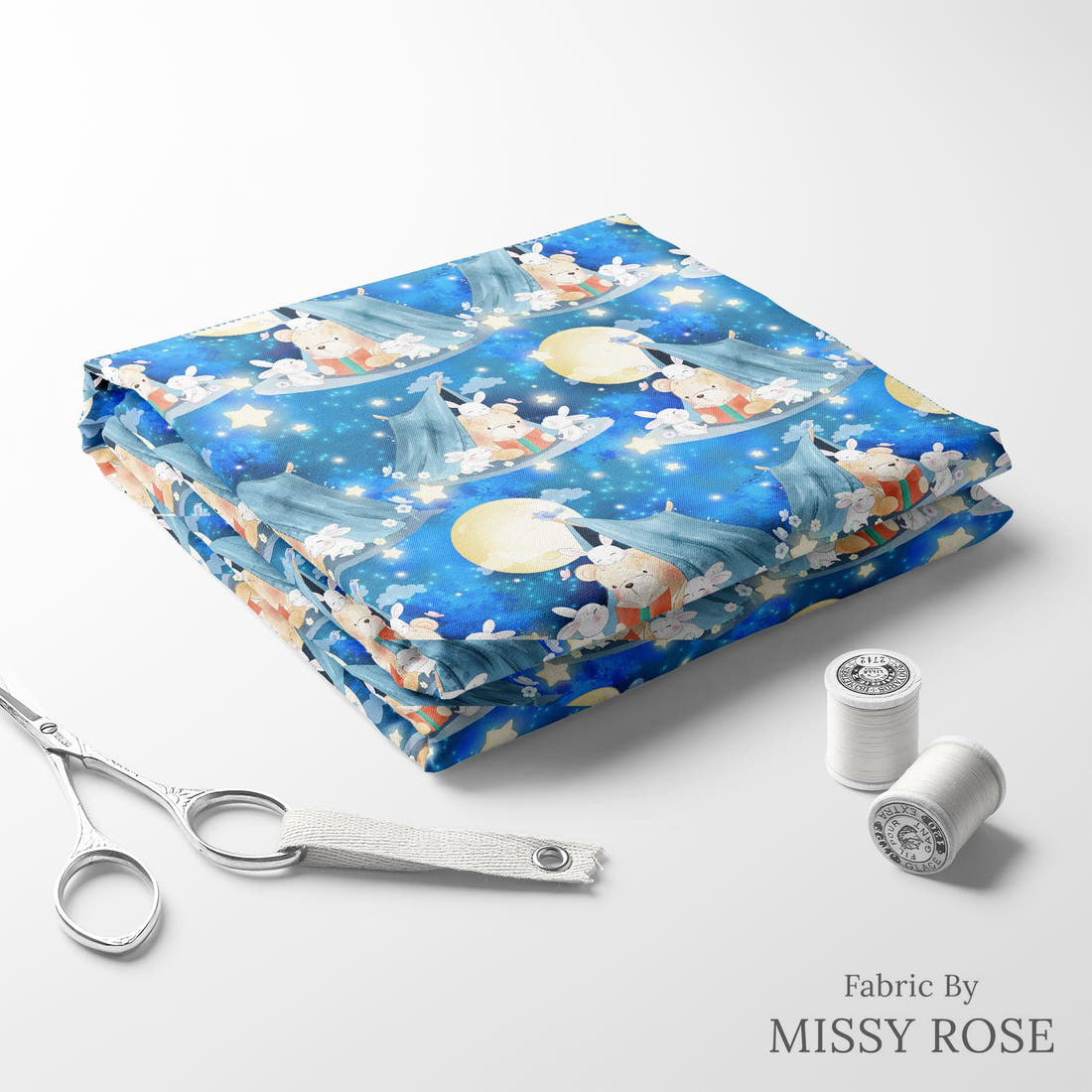 Design 324 Camping Bear Fabric folded fabric stack with matching thread – pre-order fabric Australia | Fabric by Missy Rose