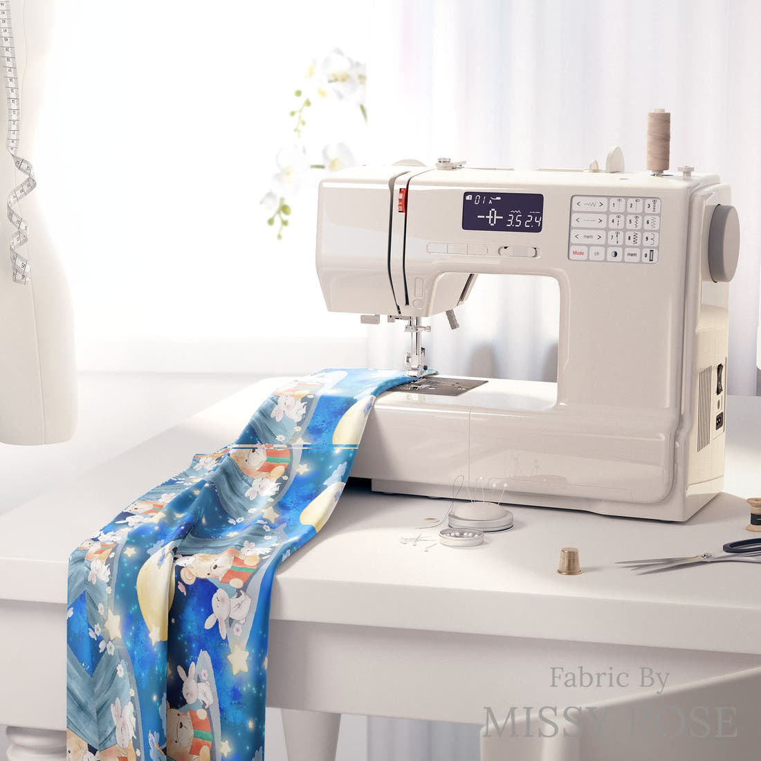 Design 324 Camping Bear Fabric on a sewing machine – premium fabric for sewing projects | Fabric by Missy Rose