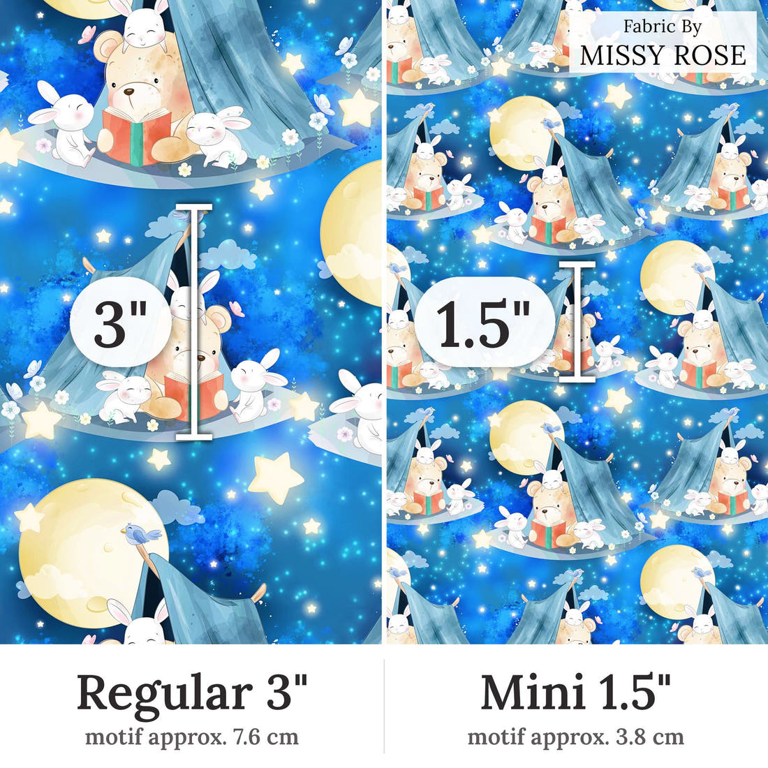Design 324 Camping Bear Fabric Regular 3 inch vs Mini 1.5 inch print scale side by side | Fabric by Missy Rose