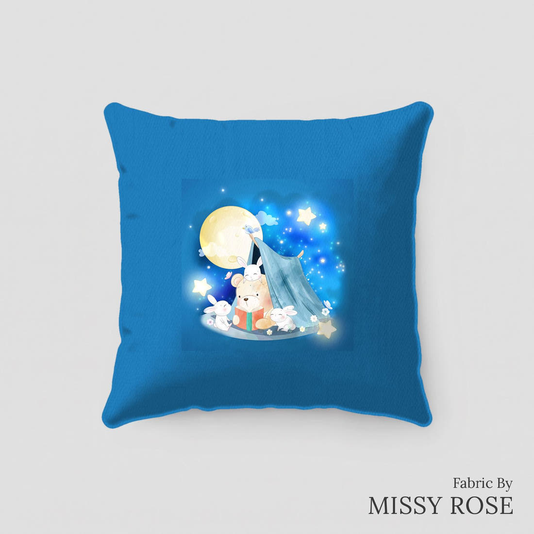 Design 324 Camping Bear Panel sewn into a cushion – see how the panel looks made up | Fabric by Missy Rose