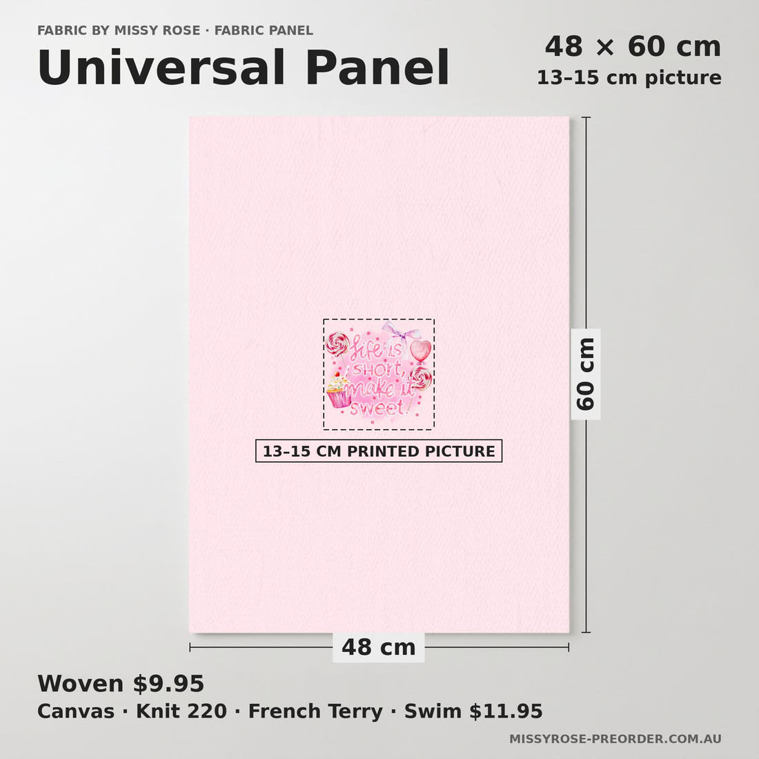 Design 325 Sweet Pink Panel universal panel sizing – 13–15 cm printed picture on 48 × 60 cm fabric | Fabric by Missy Rose