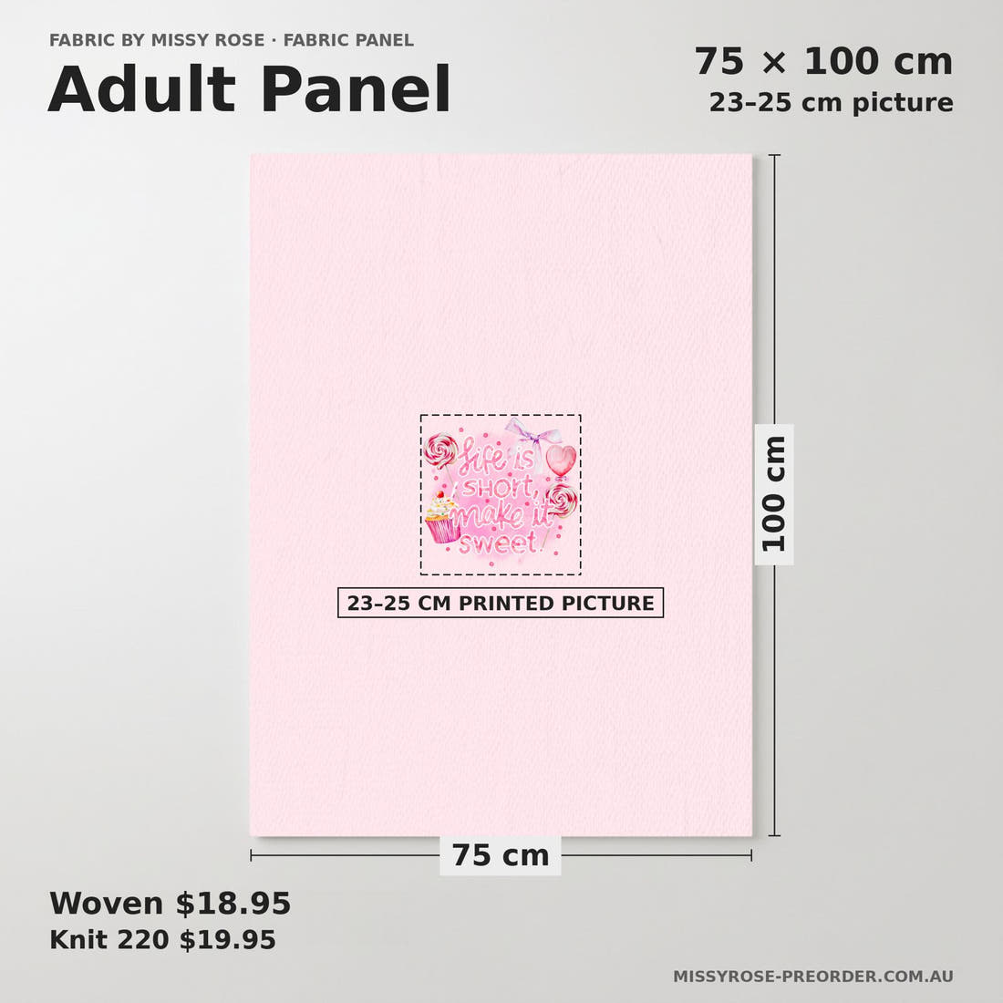 Design 325 Sweet Pink Panel adult panel sizing – 23–25 cm printed picture on 75 × 100 cm fabric | Fabric by Missy Rose