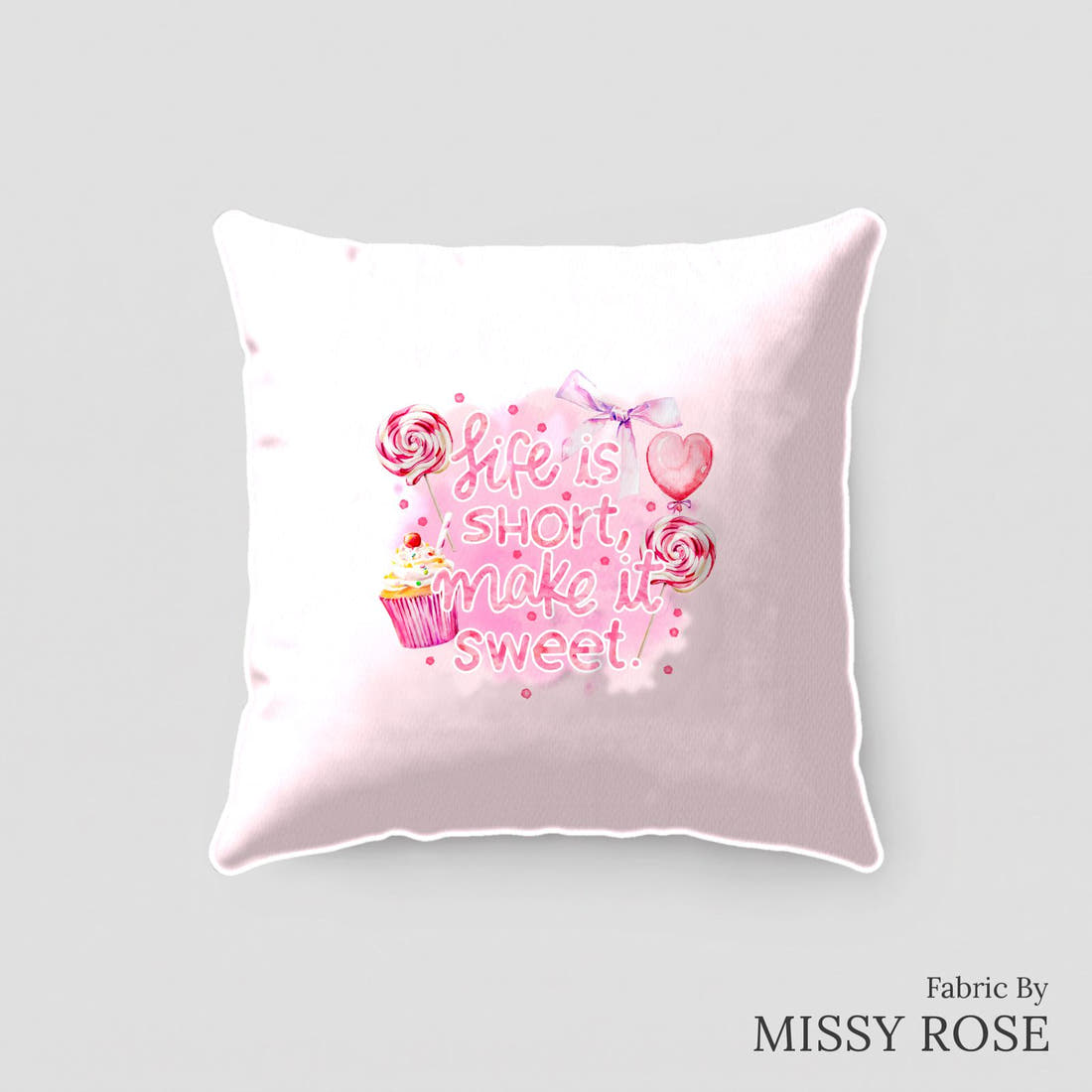 Design 325 Sweet Pink Panel sewn into a cushion – see how the panel looks made up | Fabric by Missy Rose