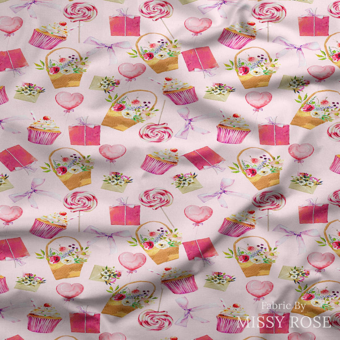 Design 325 Sweet Pink Fabric draped fabric mockup – custom printed fabric by the metre | Fabric by Missy Rose