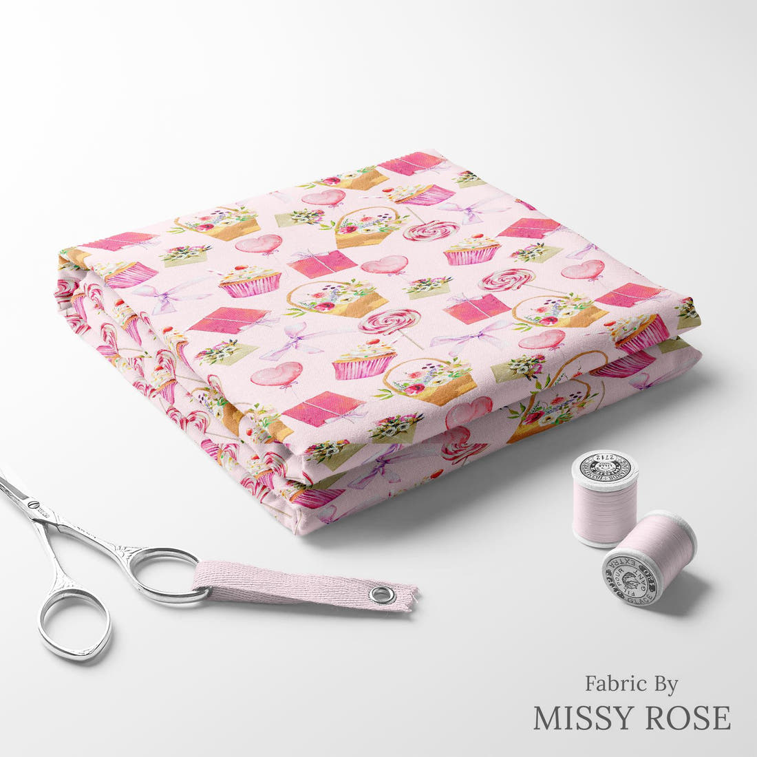 Design 325 Sweet Pink Fabric folded fabric stack with matching thread – pre-order fabric Australia | Fabric by Missy Rose