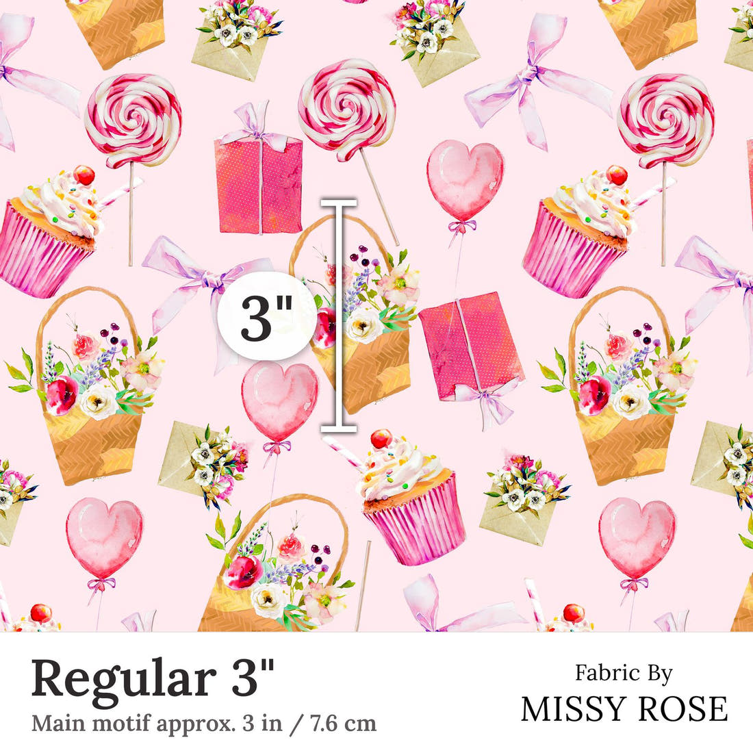 Design 325 Sweet Pink Fabric Regular 3 inch print scale guide | Fabric by Missy Rose