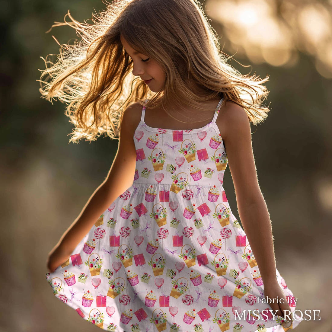 Design 325 Sweet Pink Fabric sewn into a girls' dress – see how the print looks made up | Fabric by Missy Rose