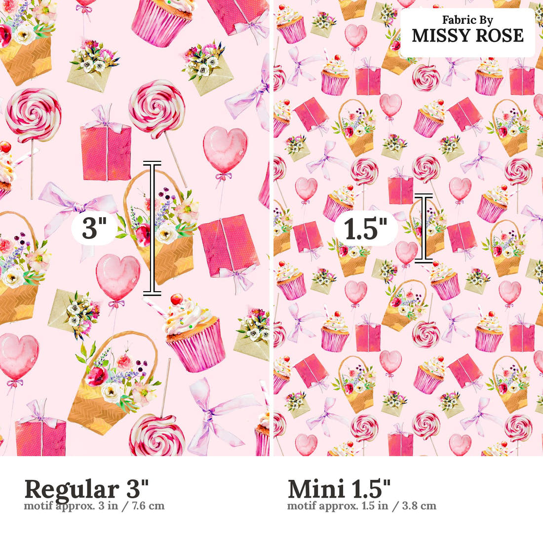 Design 325 Sweet Pink Fabric size comparison - print scale | Fabric by Missy Rose