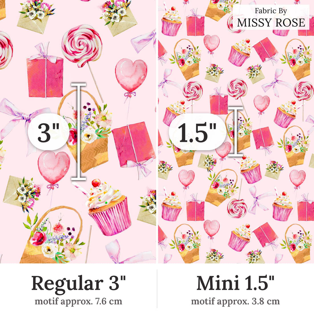 Design 325 Sweet Pink Fabric Regular 3 inch vs Mini 1.5 inch print scale side by side | Fabric by Missy Rose