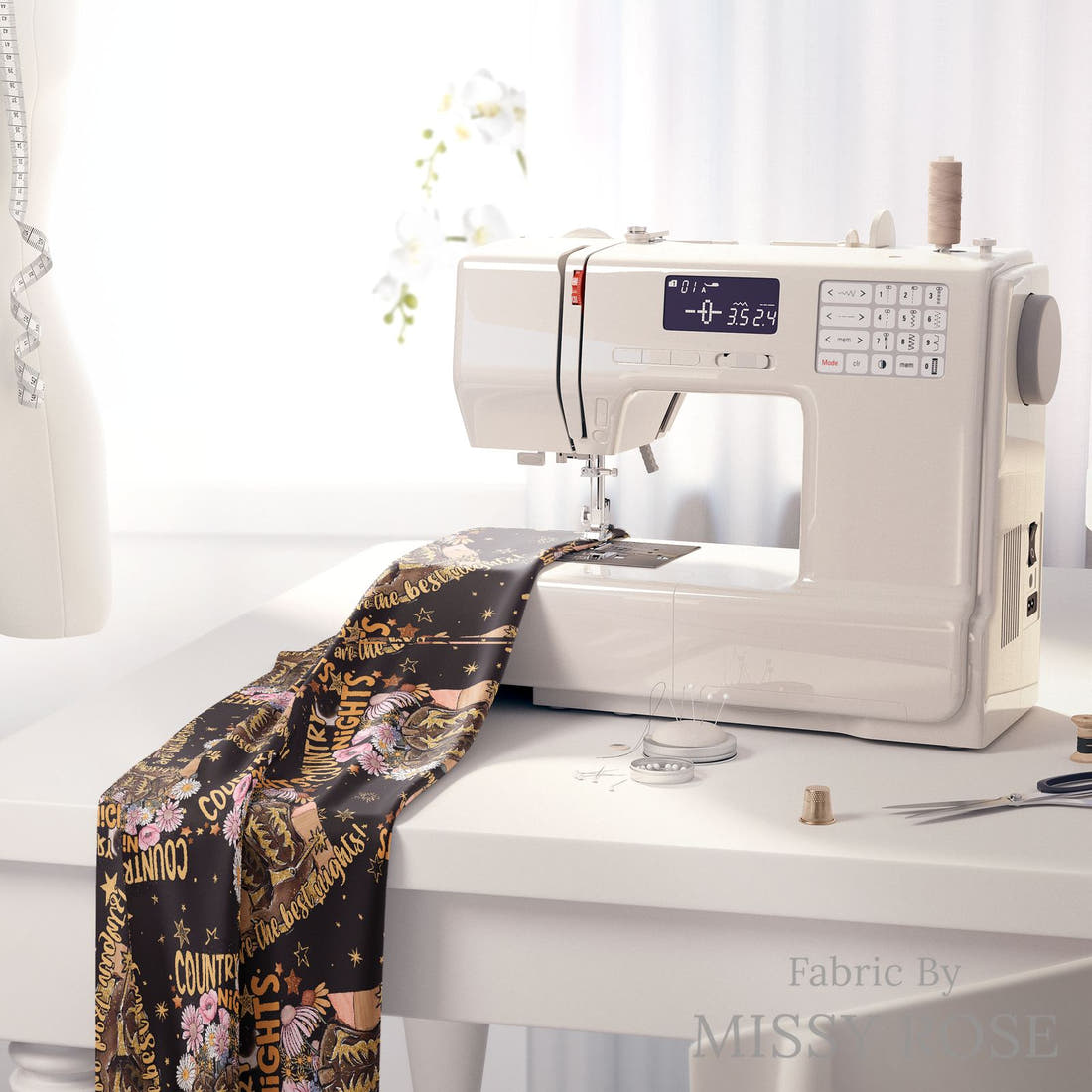 Design 326 Country Nights Fabric on a sewing machine – premium fabric for sewing projects | Fabric by Missy Rose