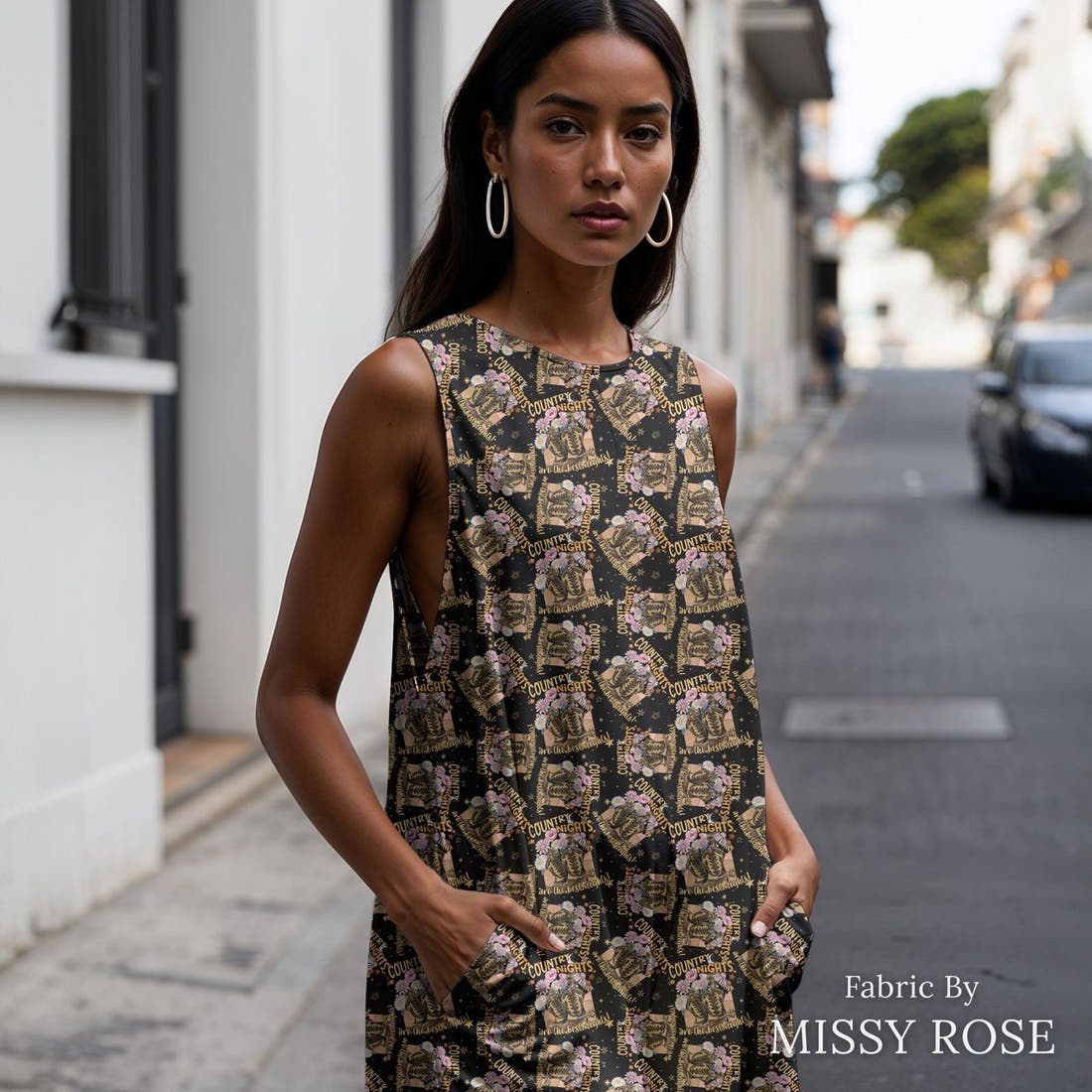 Design 326 Country Nights Fabric sewn into a women's jumpsuit – see how the print looks made up | Fabric by Missy Rose