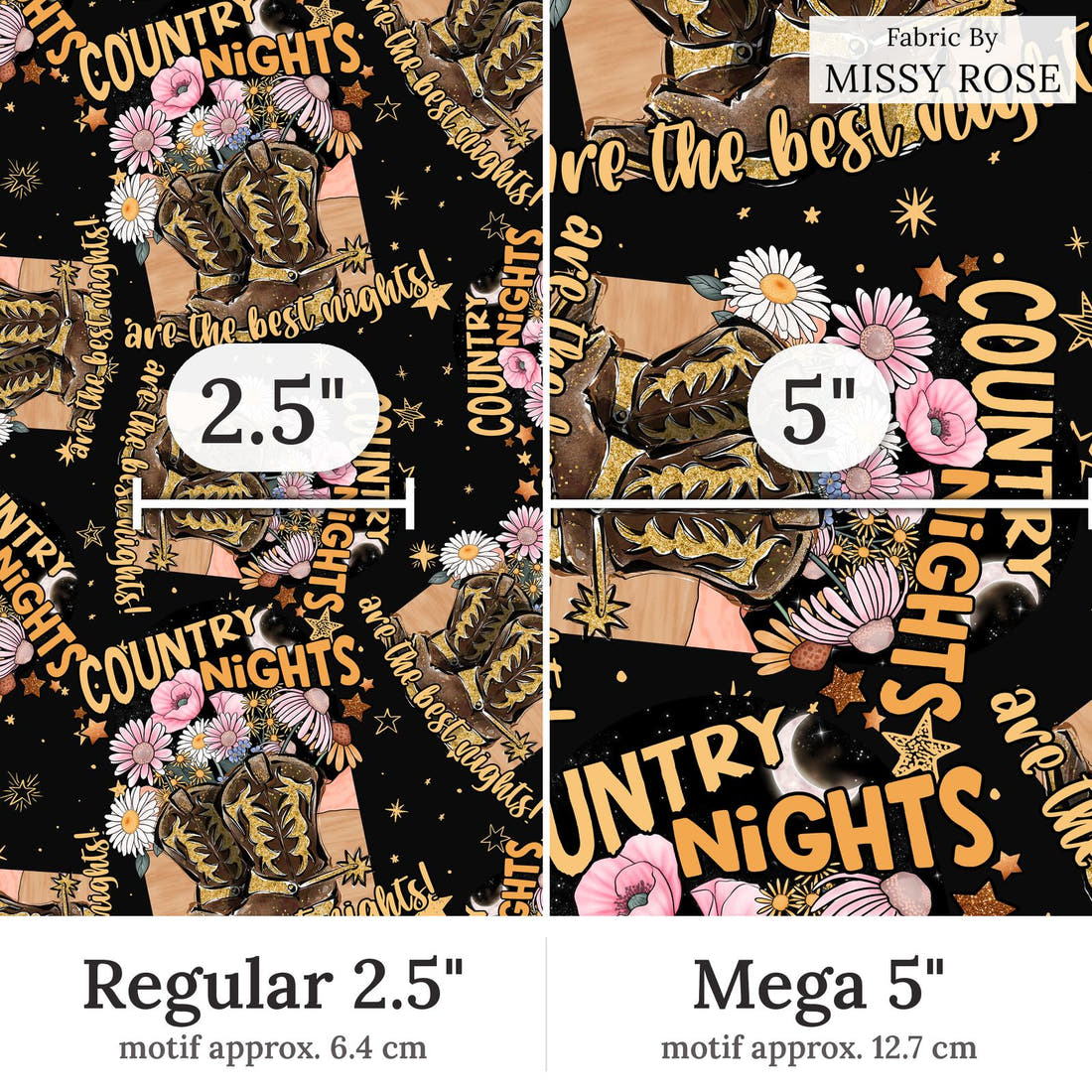Design 326 Country Nights Fabric Regular 2.5 inch vs Mega 5 inch print scale side by side | Fabric by Missy Rose