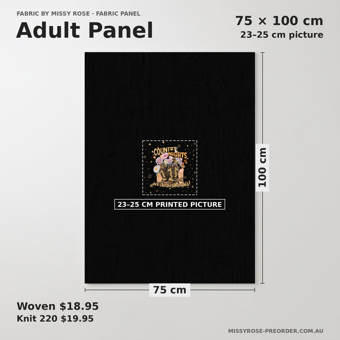 Design 326 Country Nights Panel adult panel sizing – 23–25 cm printed picture on 75 × 100 cm fabric | Fabric by Missy Rose