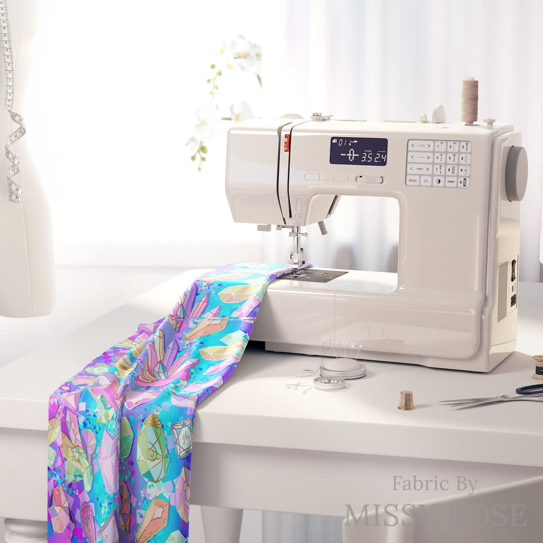 Design 327 Crystals Fabric on a sewing machine – premium fabric for sewing projects | Fabric by Missy Rose