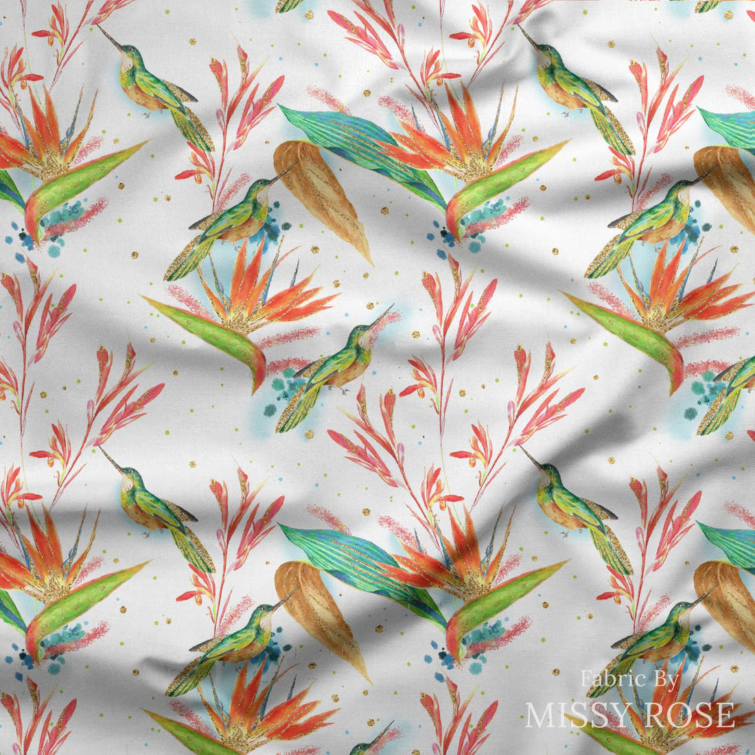 Design 328 Hummingbird Fabric draped fabric mockup – custom printed fabric by the metre | Fabric by Missy Rose