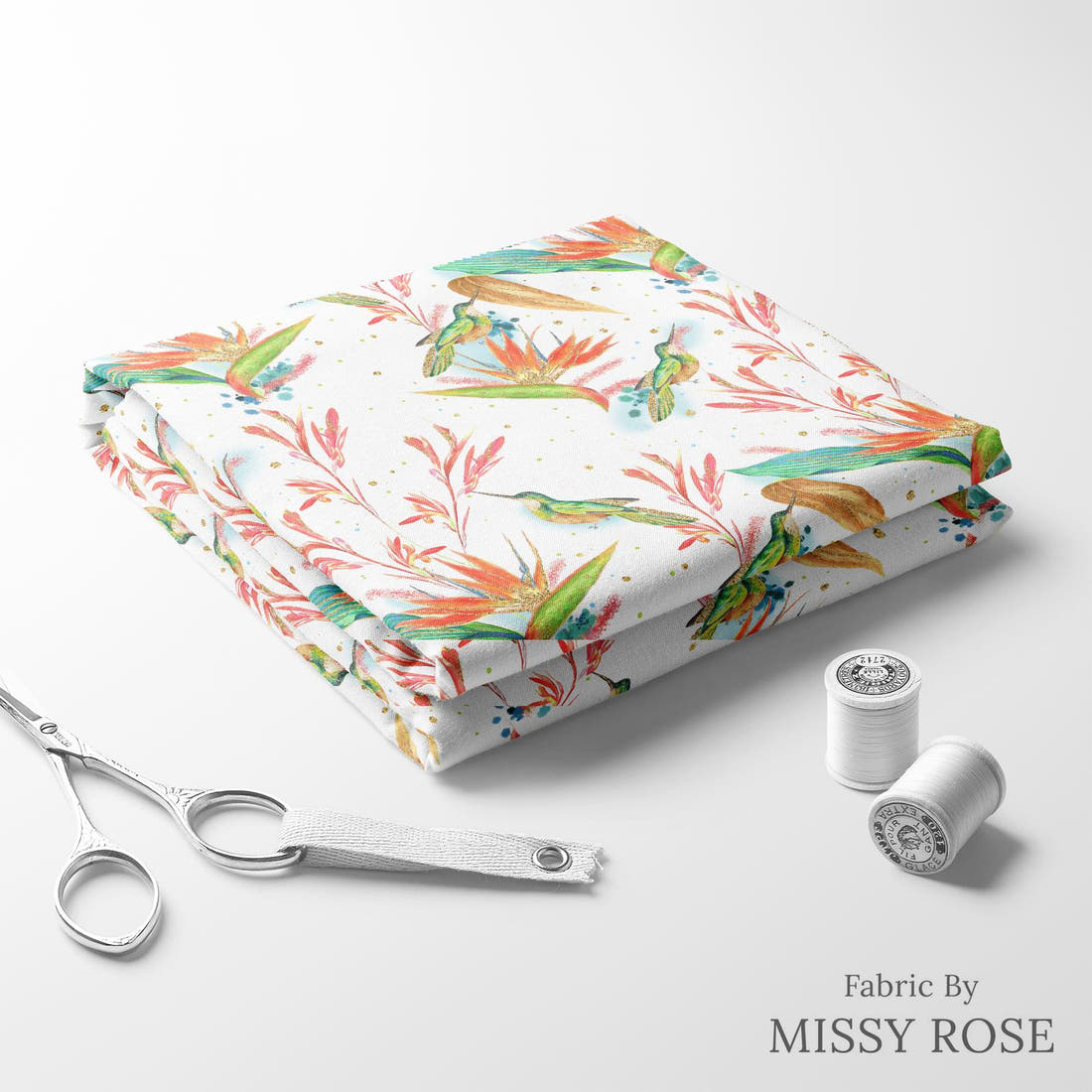 Design 328 Hummingbird Fabric folded fabric stack with matching thread – pre-order fabric Australia | Fabric by Missy Rose