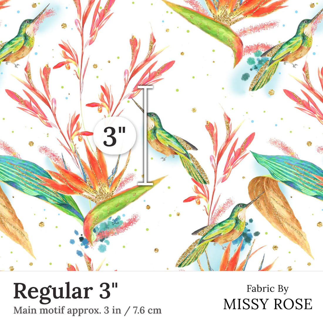 Design 328 Hummingbird Fabric Regular 3 inch print scale guide | Fabric by Missy Rose