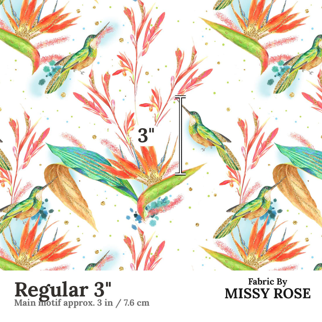 Design 328 Hummingbird Fabric Regular 3" - print scale | Fabric by Missy Rose