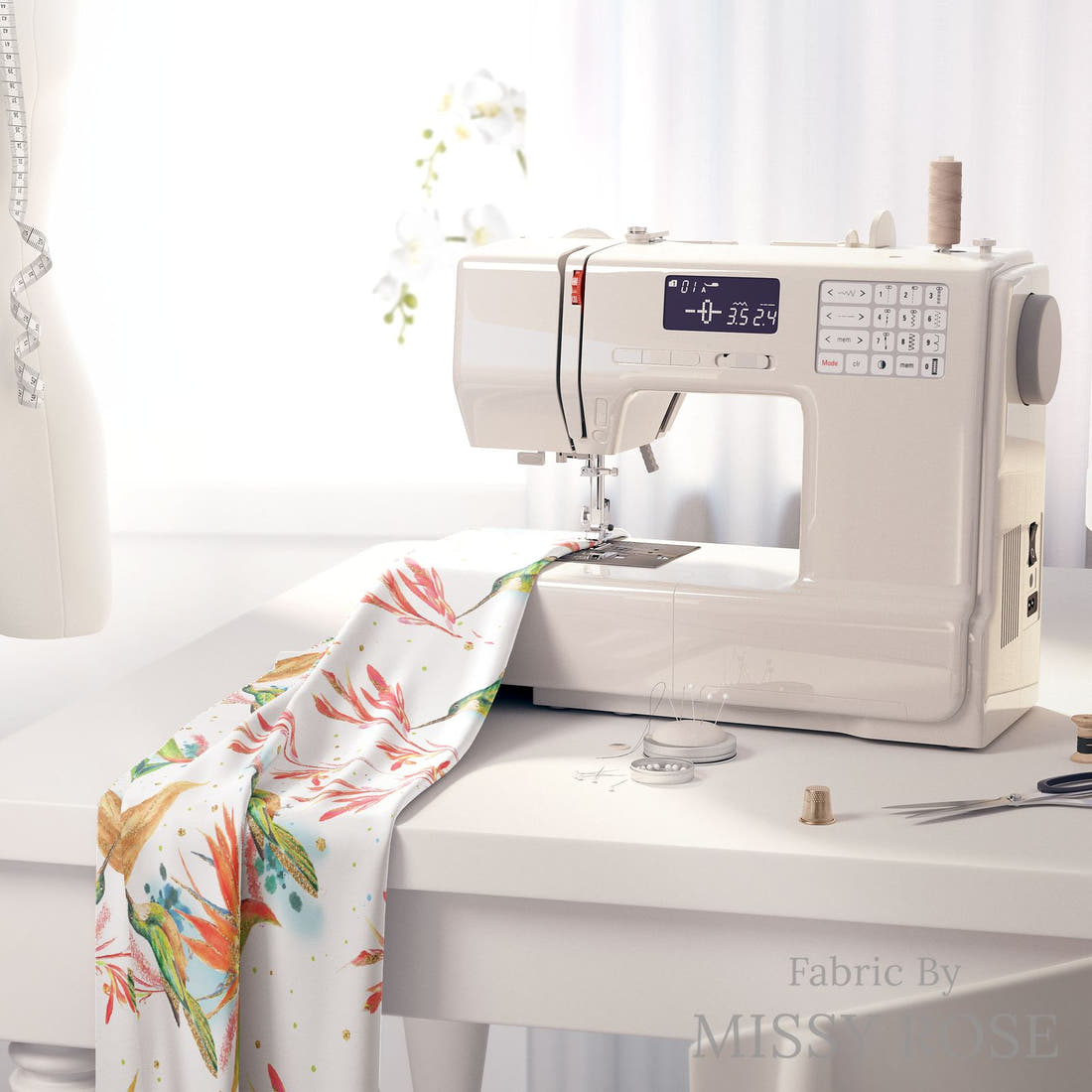 Design 328 Hummingbird Fabric on a sewing machine – premium fabric for sewing projects | Fabric by Missy Rose