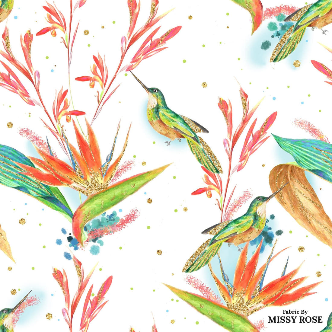 Design 328 Hummingbird Fabric - flat view of the print, zoom in for detail | Fabric by Missy Rose