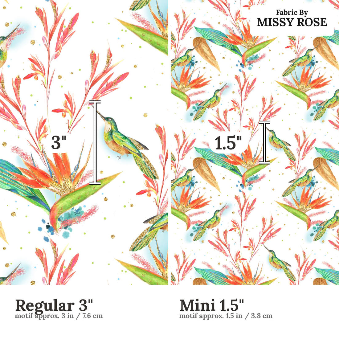Design 328 Hummingbird Fabric size comparison - print scale | Fabric by Missy Rose