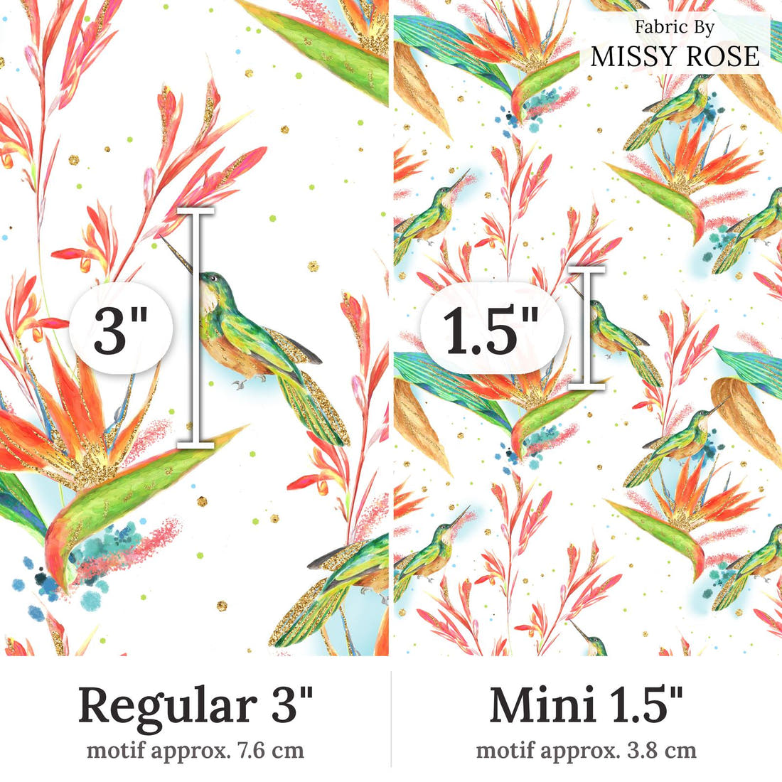 Design 328 Hummingbird Fabric Regular 3 inch vs Mini 1.5 inch print scale side by side | Fabric by Missy Rose