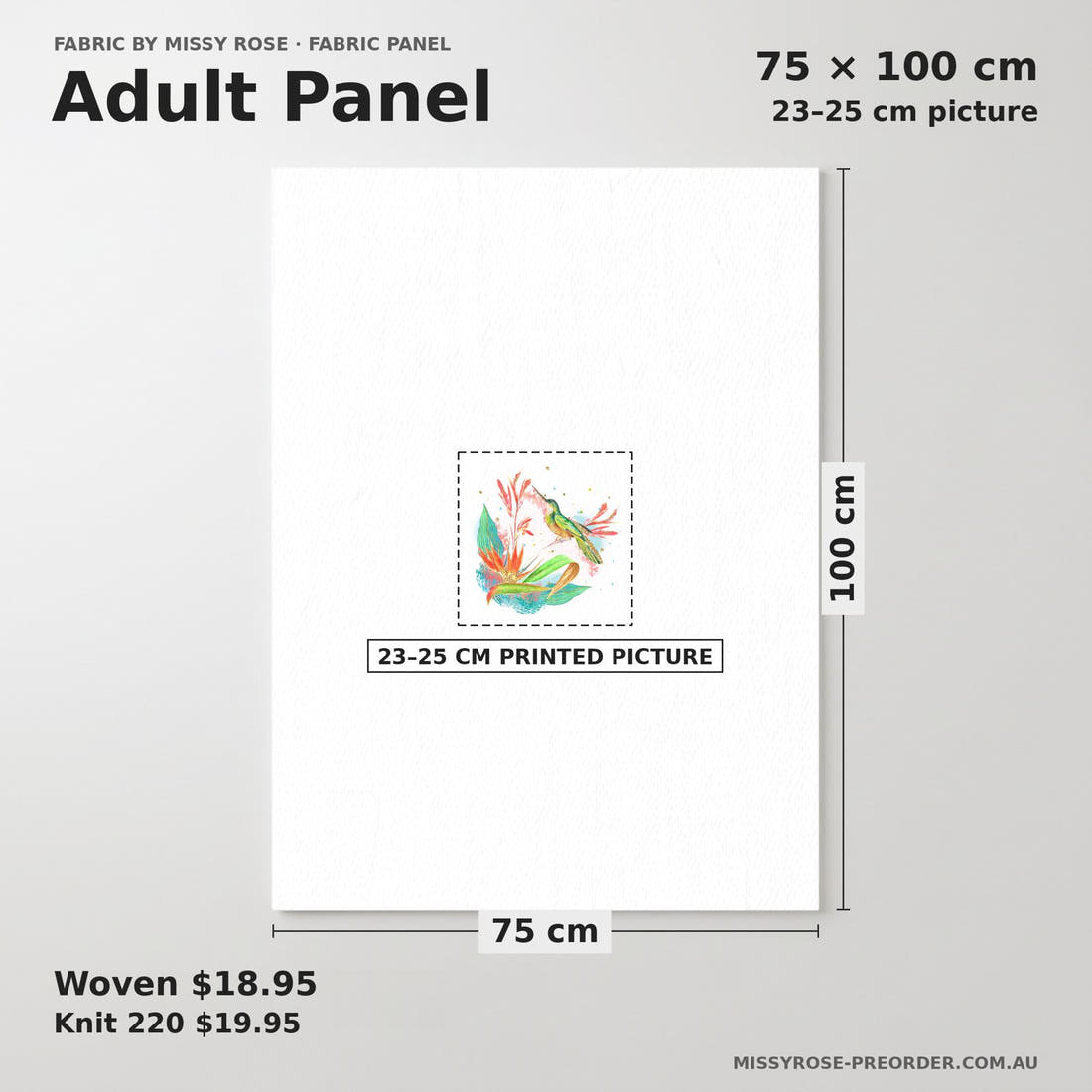 Design 328 Hummingbird Panel adult panel sizing – 23–25 cm printed picture on 75 × 100 cm fabric | Fabric by Missy Rose