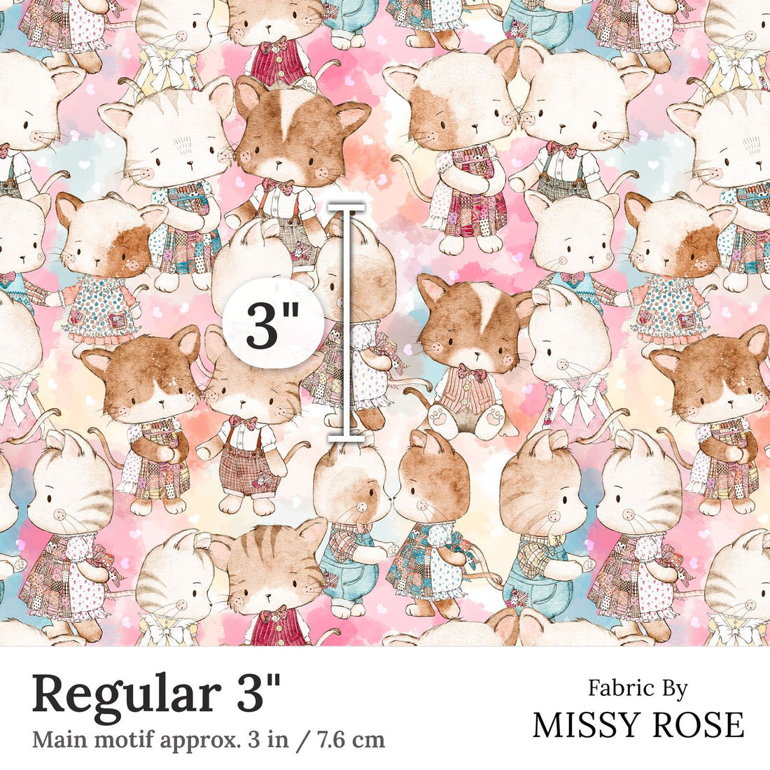 Design 329 Cute Cats Fabric Regular 3 inch print scale guide | Fabric by Missy Rose