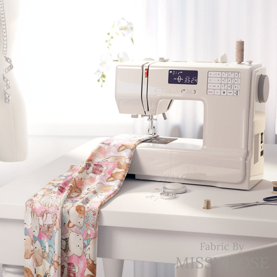 Design 329 Cute Cats Fabric on a sewing machine – premium fabric for sewing projects | Fabric by Missy Rose