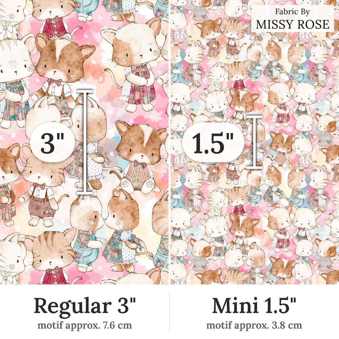 Design 329 Cute Cats Fabric Regular 3 inch vs Mini 1.5 inch print scale side by side | Fabric by Missy Rose