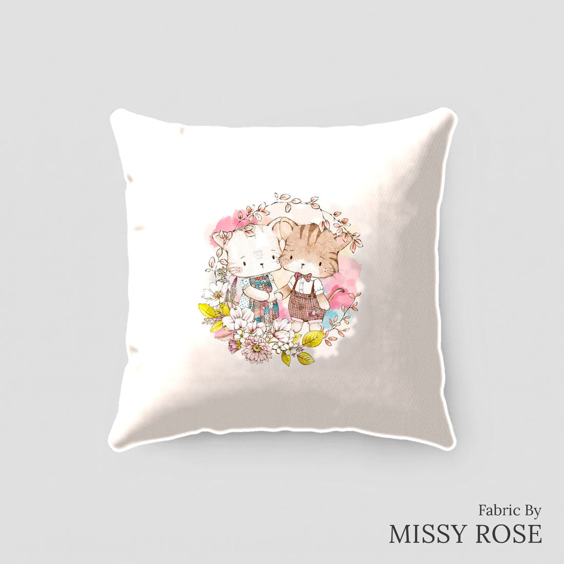 Design 329 Cute Cats Panel sewn into a cushion – see how the panel looks made up | Fabric by Missy Rose
