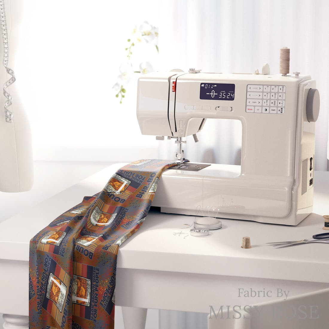 Design 33 Bourbon Fabric on a sewing machine – premium fabric for sewing projects | Fabric by Missy Rose