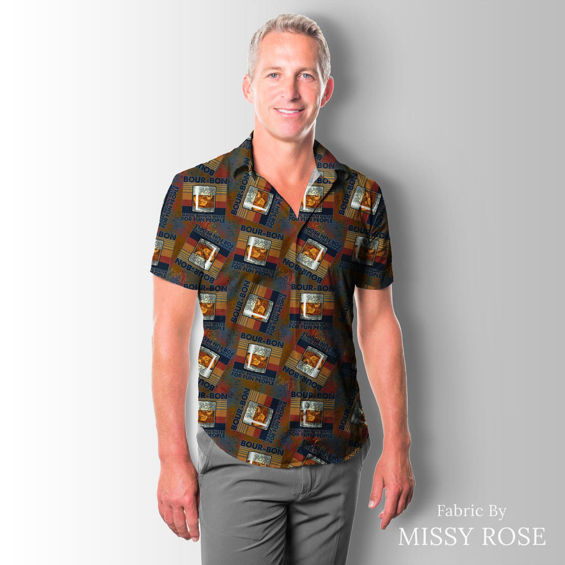 Design 33 Bourbon Fabric sewn into a men's shirt – see how the print looks made up | Fabric by Missy Rose