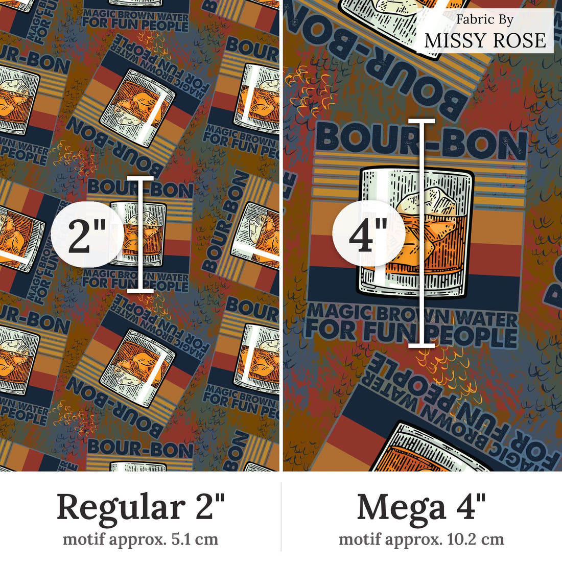 Design 33 Bourbon Fabric Regular 2 inch vs Mega 4 inch print scale side by side | Fabric by Missy Rose