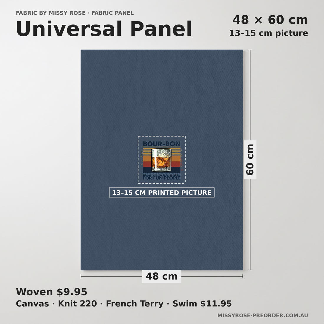 Design 33 Bourbon Panel universal panel sizing – 13–15 cm printed picture on 48 × 60 cm fabric | Fabric by Missy Rose