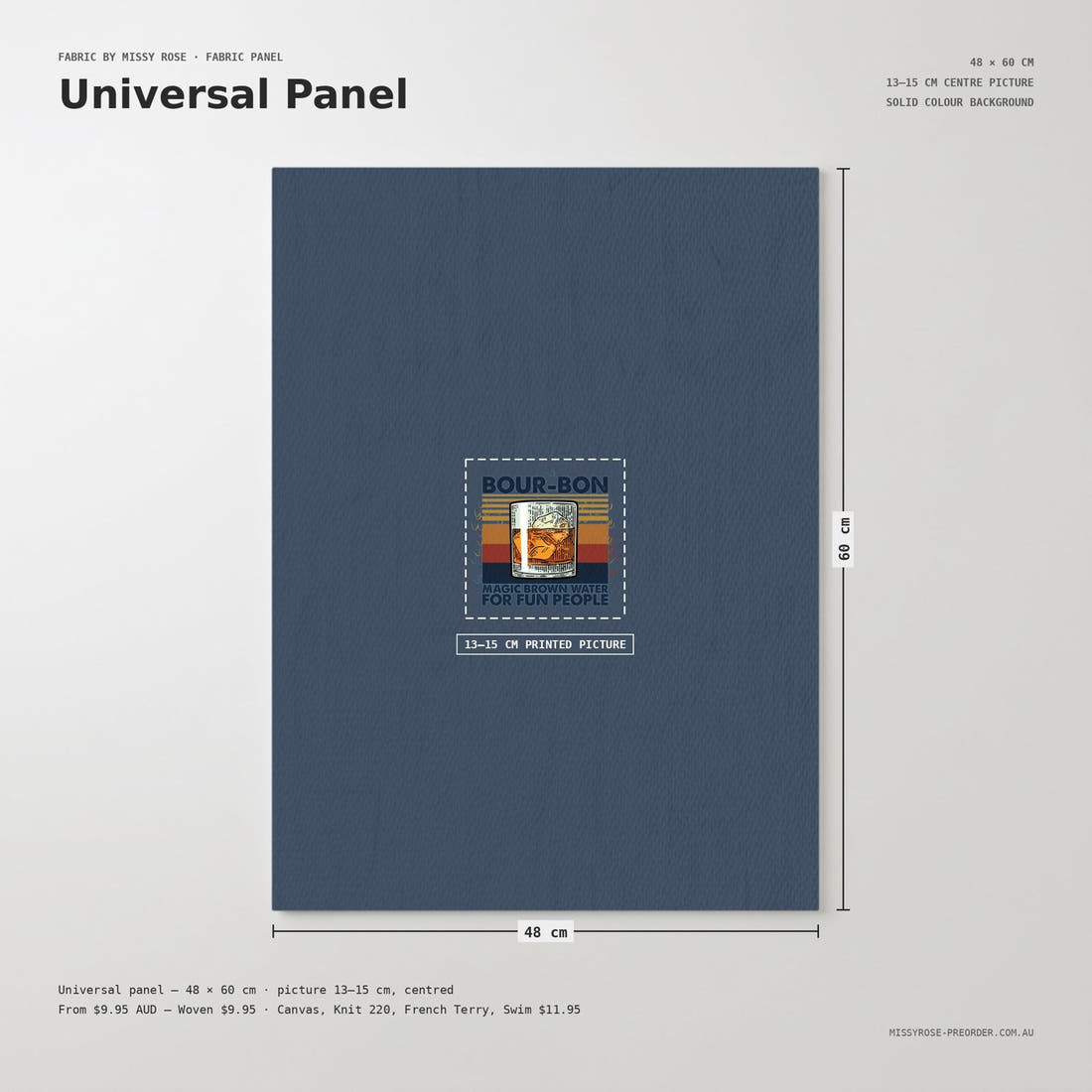 Design 33 Bourbon Panel universal panel sizing – 13–15 cm printed picture on 48 × 60 cm fabric | Fabric by Missy Rose