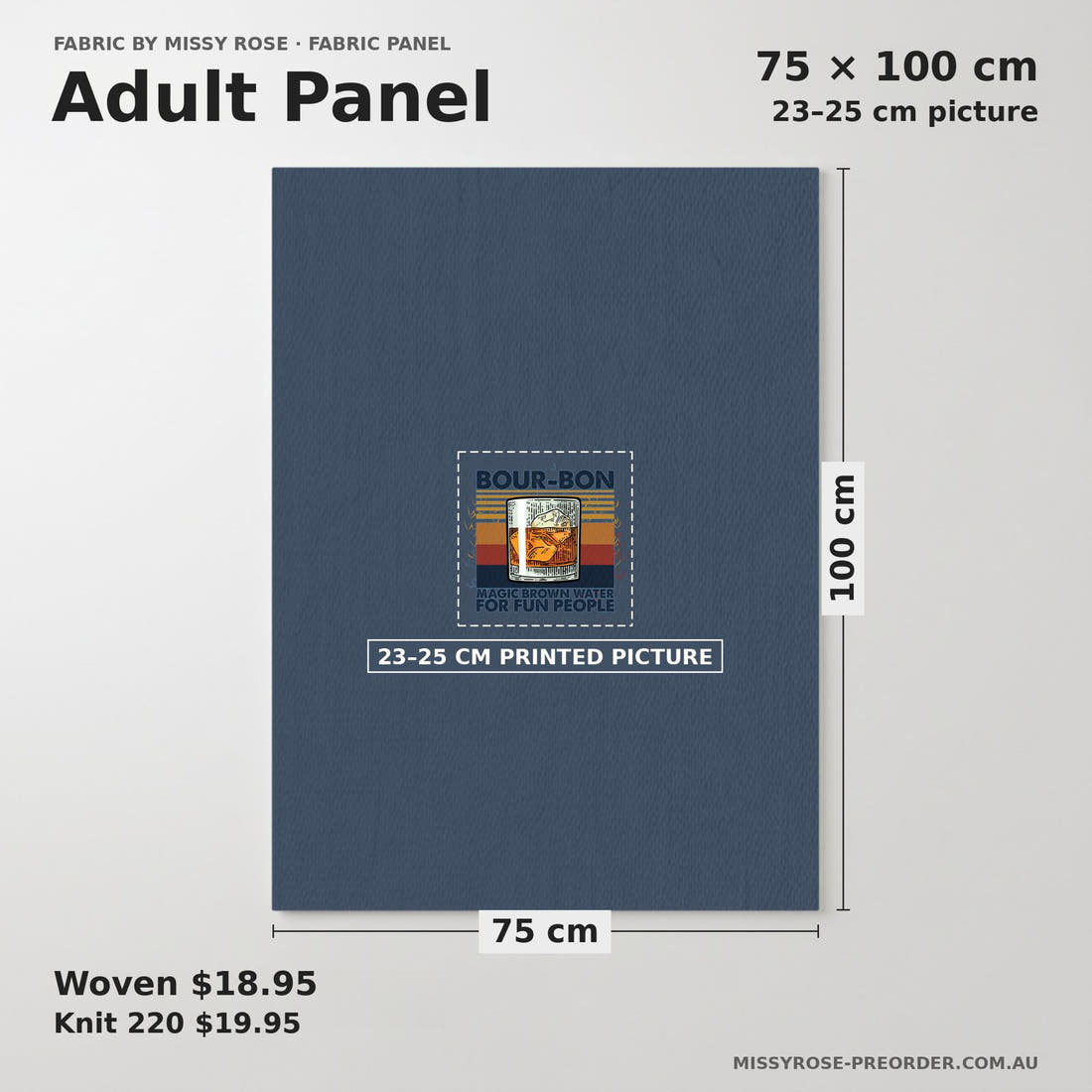 Design 33 Bourbon Panel adult panel sizing – 23–25 cm printed picture on 75 × 100 cm fabric | Fabric by Missy Rose