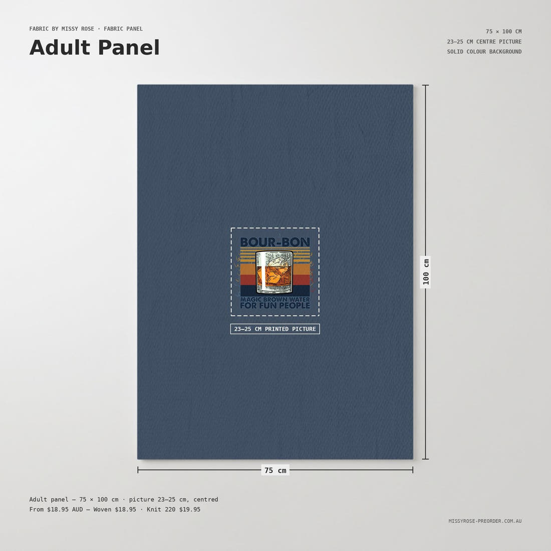 Design 33 Bourbon Panel adult panel sizing – 23–25 cm printed picture on a larger panel | Fabric by Missy Rose