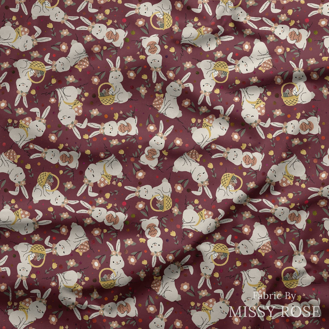 Design 330 Maroon Rabbit Fabric draped fabric mockup – custom printed fabric by the metre | Fabric by Missy Rose