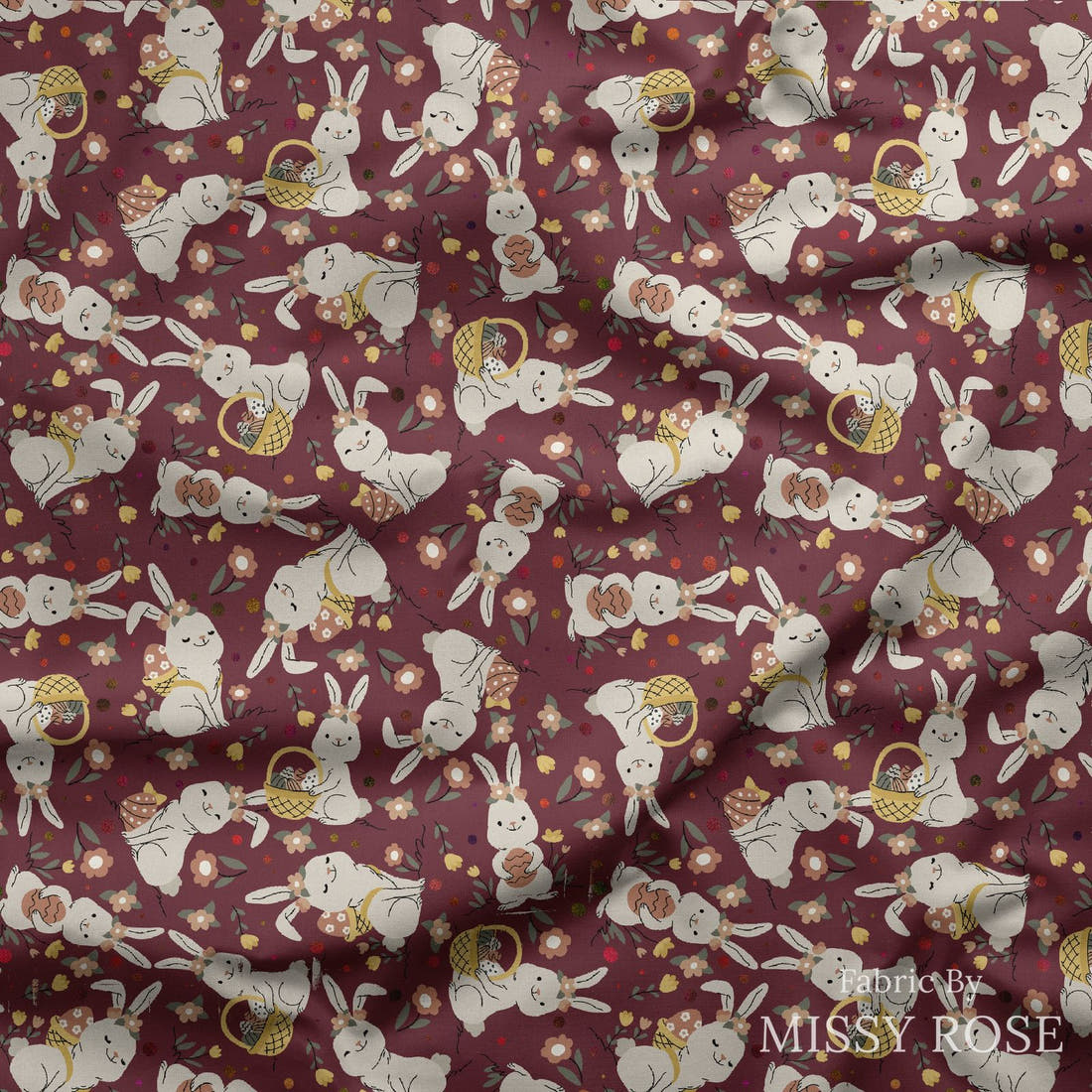 Design 330 Maroon Rabbit Fabric draped fabric mockup – custom printed fabric by the metre | Fabric by Missy Rose