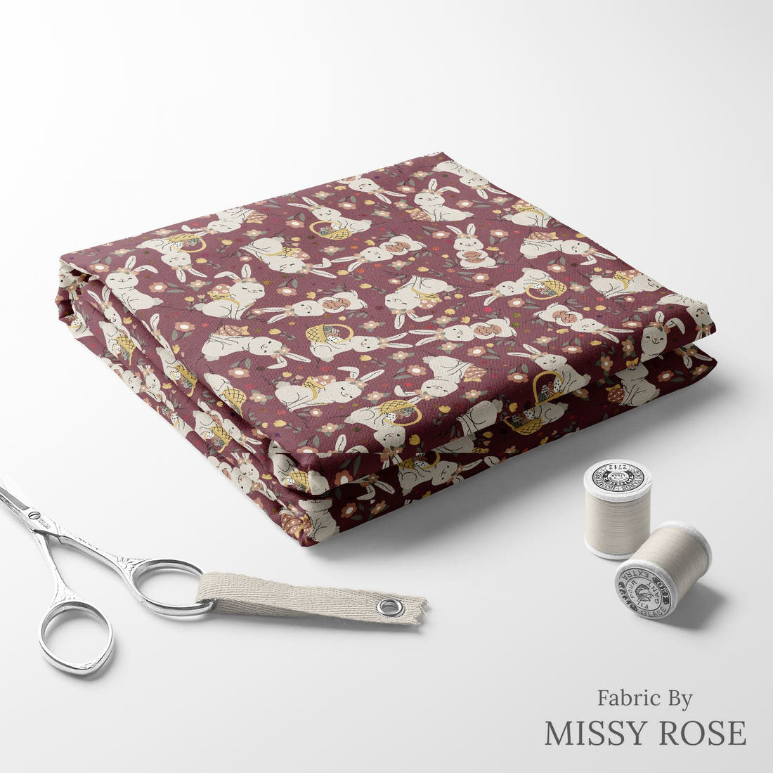 Design 330 Maroon Rabbit Fabric folded fabric stack with matching thread – pre-order fabric Australia | Fabric by Missy Rose